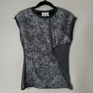 3.1 Philip Lim Metallic Silver Black Brocade Ribbed Knit Cap Sleeve Blouse Top